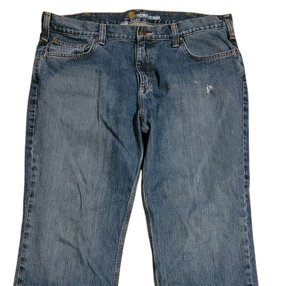 Carhartt Men Relaxed Straight Jeans 38x30 Blue Denim Distressed Workwear Utility - Picture 2 of 12